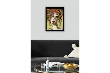 Inramad Canvastavla i trä - 41x56 cm - Porträtt av en kvinna med färgglad frisyr och starka drag - Röd / Gul / Grön - Inredning - Tavlor & posters - Canvastavla