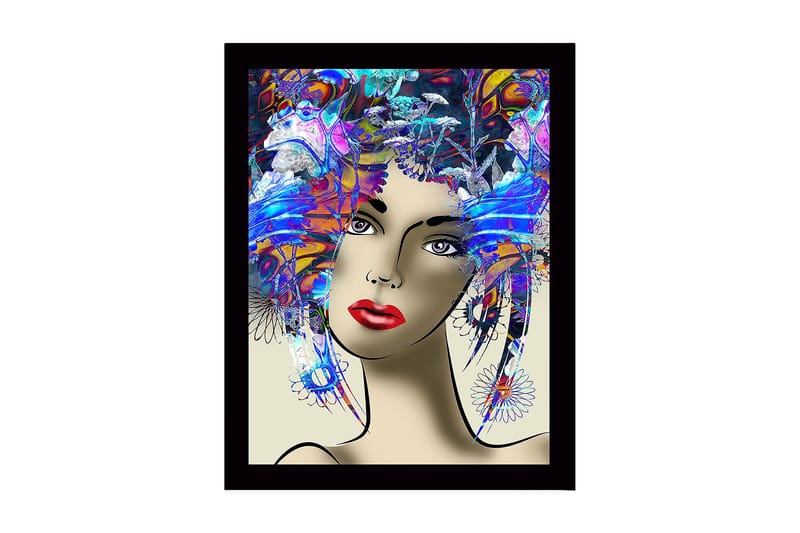 Inramad Canvastavla i trä - 41x56 cm - Porträtt av en kvinna med färgglad frisyr och starka drag, Blå / Röd / Lila