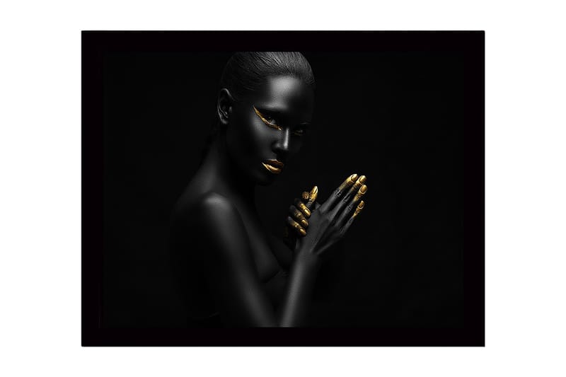 Inramad Canvastavla i trä - 41x56 cm - Porträtt av en kvinna med svart hud och guldiga detaljer, Svart / Guld