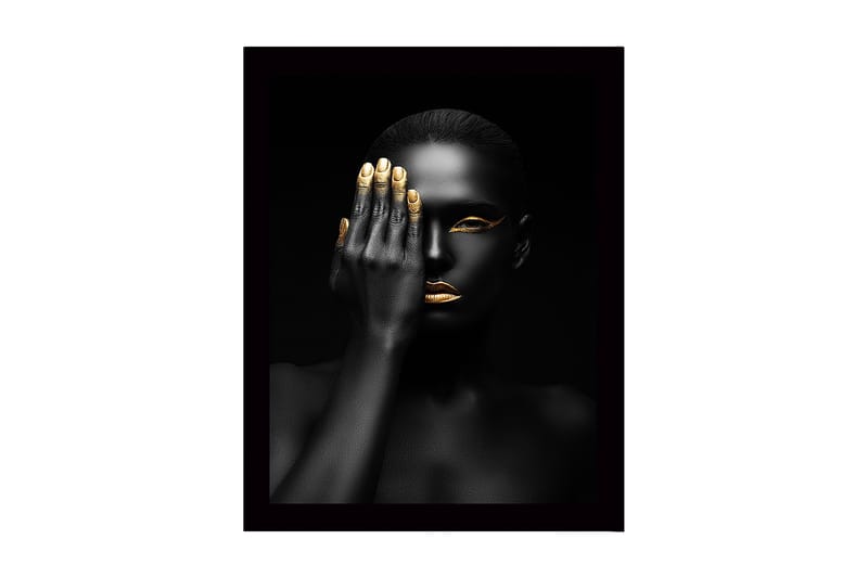 Inramad Canvastavla i trä - 41x56 cm - Porträtt av en kvinna med en hand som täcker halva ansiktet, Svart / Guld