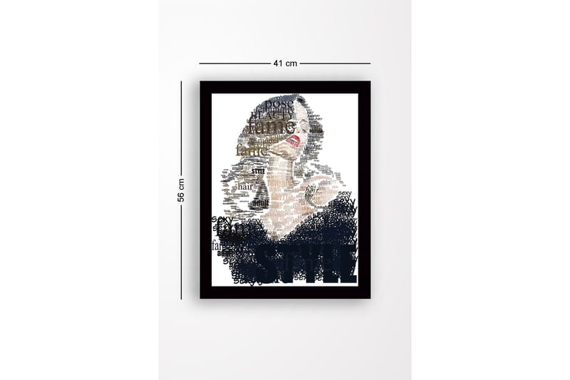 Inramad Canvastavla i trä - 41x56 cm - Porträtt av en kvinna omgiven av ord som beskriver skönhet och stil - Svart / Beige / Brun - Inredning - Tavlor & posters - Canvastavla