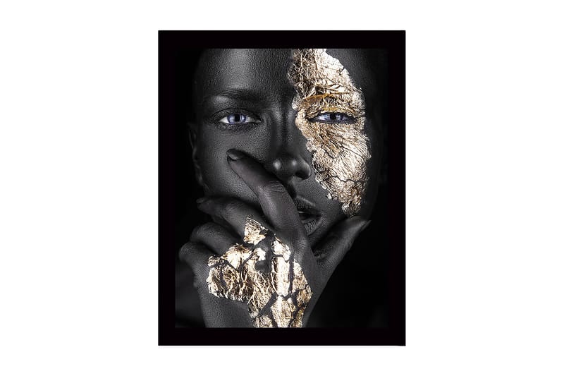 Inramad Canvastavla i trä - 41x56 cm - Porträtt av en person med guldiga detaljer på ansiktet och handen, Svart / Guld