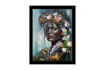 Inramad Canvastavla i trä - 41x56 cm - Porträtt av en kvinna med blommor i håret - Svart / Grön / Rosa - Inredning - Tavlor & posters - Canvastavla