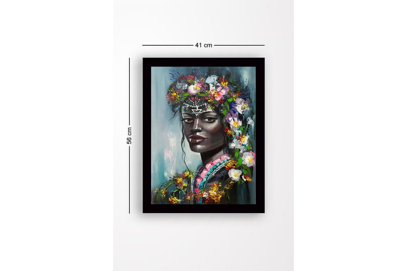 Inramad Canvastavla i trä - 41x56 cm - Porträtt av en kvinna med blommor i håret - Svart / Grön / Rosa - Inredning - Tavlor & posters - Canvastavla