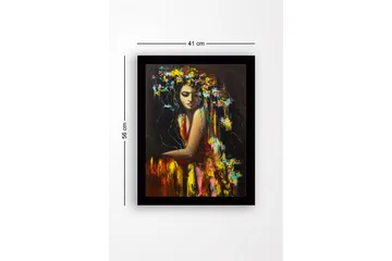 Inramad Canvastavla i trä - 41x56 cm - Porträtt av en kvinna med blommor i håret - Gult / Rött / Grönt - Inredning - Tavlor & posters - Canvastavla