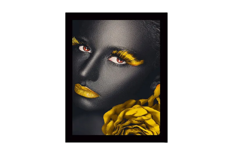 Inramad Canvastavla i trä - 41x56 cm - Porträtt av en kvinna med svart hud och gula detaljer, Svart / Gul / Röd