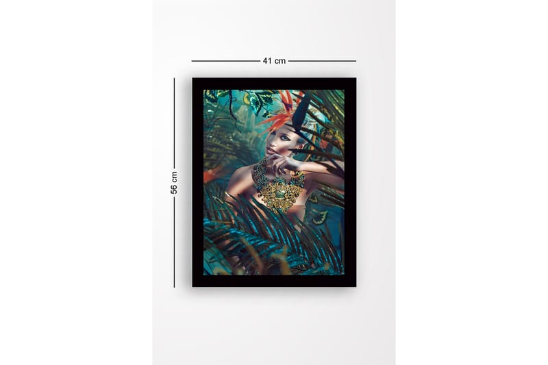 Inramad Canvastavla i trä - 41x56 cm - Porträtt av en kvinna omgiven av tropiska växter med en detaljerad halskedja - Turkos / Grön / Orange - Inredning - Tavlor & posters - Canvastavla