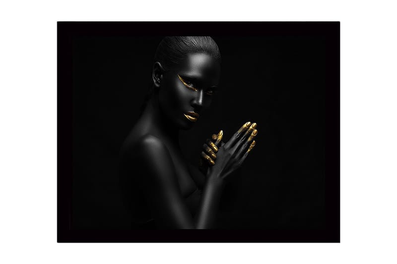 Inramad Canvastavla i trä - 41x56 cm - Porträtt av en kvinna med svart hud och guldiga detaljer, Svart / Guld