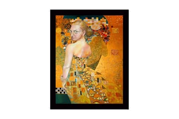 Inramad Canvastavla i trä - 41x56 cm - Porträtt av en kvinna med en gyllene klänning och detaljerade mönster - Guld / Beige / Grön - Inredning - Tavlor & posters - Canvastavla