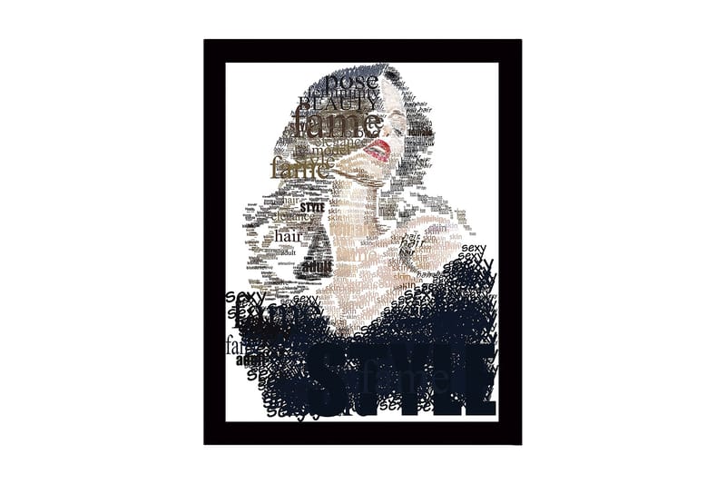 Inramad Canvastavla i trä - 41x56 cm - Porträtt av en kvinna omgiven av ord som beskriver skönhet och stil, Svart / Beige / Brun