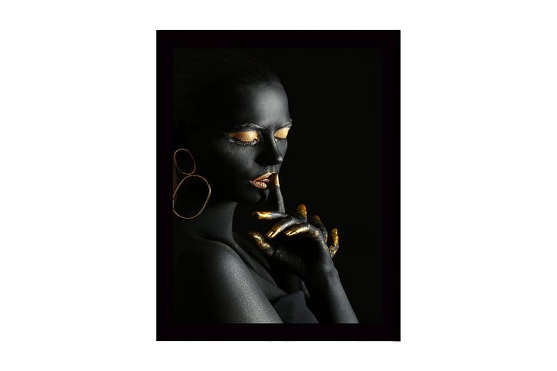 Inramad Canvastavla i trä - 41x56 cm - Porträtt av en kvinna med svart kroppsmålning och guldiga detaljer, Svart / Guld