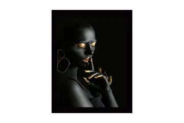 Inramad Canvastavla i trä - 41x56 cm - Porträtt av en kvinna med svart kroppsmålning och guldiga detaljer - Svart / Guld - Inredning - Tavlor & posters - Canvastavla