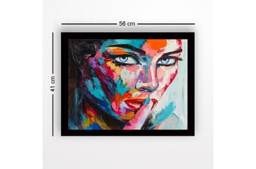 Inramad Canvastavla i trä - 41x56 cm - Porträtt av en kvinna med en mystisk gest - Blå / Röd / Rosa - Inredning - Tavlor & posters - Canvastavla