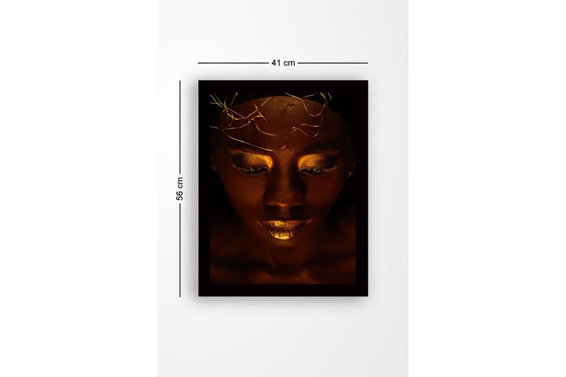 Inramad Canvastavla i trä - 41x56 cm - Porträtt av en kvinna med gyllene detaljer och en mystisk uttryck - Mörkbrun / Guld - Inredning - Tavlor & posters - Canvastavla