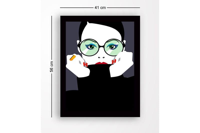 Inramad Canvastavla i trä - 41x56 cm - Porträtt av en kvinna med stora glasögon och röd läppstift - Svart / Vit / Grön - Inredning - Tavlor & posters - Canvastavla