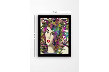 Inramad Canvastavla i trä - 41x56 cm - Porträtt av en kvinna med färgstarka, svallande hårstrån - Lila / Grön / Rosa - Inredning - Tavlor & posters - Canvastavla