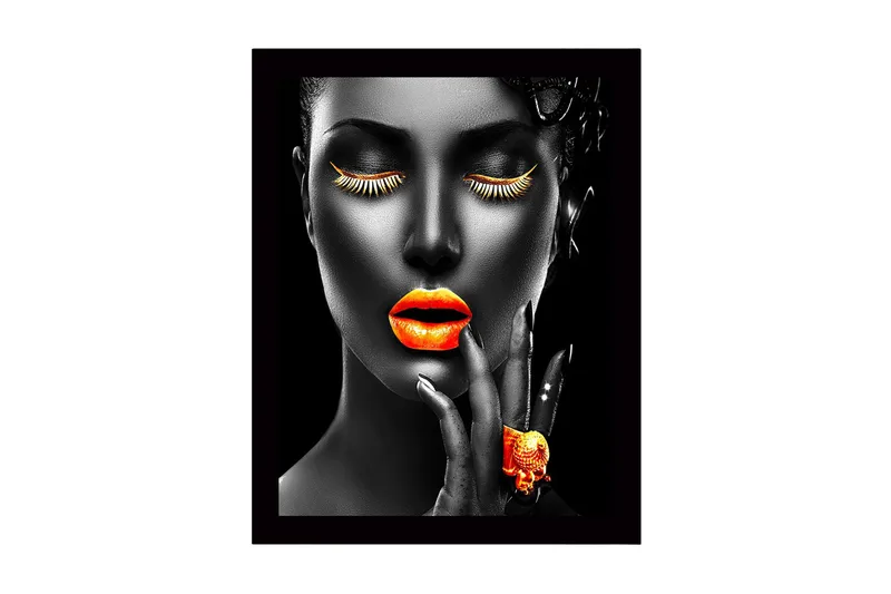 Inramad Canvastavla i trä - 41x56 cm - Porträtt av en kvinna med starka färger på läppar och ögonfransar, Orange / Svart