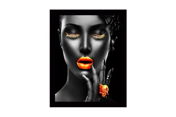 Inramad Canvastavla i trä - 41x56 cm - Porträtt av en kvinna med starka färger på läppar och ögonfransar - Orange / Svart - Inredning - Tavlor & posters - Canvastavla