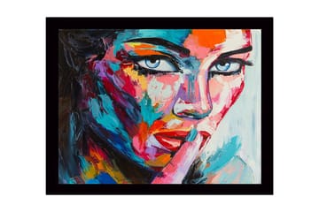 Inramad Canvastavla i trä - 41x56 cm - Porträtt av en kvinna med en mystisk gest - Blå / Röd / Rosa - Inredning - Tavlor & posters - Canvastavla