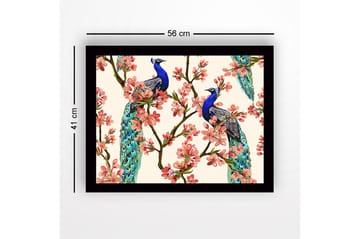 Inramad Canvastavla i trä - 41x56 cm - Påfåglar som sitter bland blommiga grenar - Blå / Rosa / Grön - Inredning - Tavlor & posters - Canvastavla