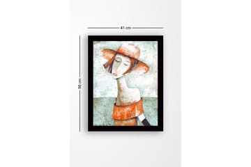 Inramad Canvastavla i trä - 41x56 cm - Porträtt av en kvinna med hatt och röd-orange klädsel - Grön / Röd-orange / Beige - Inredning - Tavlor & posters - Canvastavla