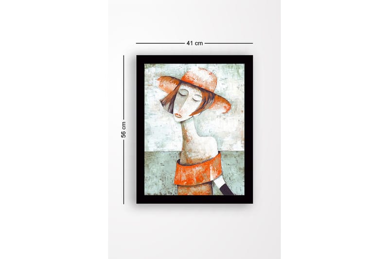 Inramad Canvastavla i trä - 41x56 cm - Porträtt av en kvinna med hatt och röd-orange klädsel - Grön / Röd-orange / Beige - Inredning - Tavlor & posters - Canvastavla