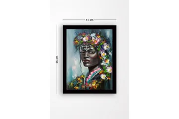 Inramad Canvastavla i trä - 41x56 cm - Porträtt av en kvinna med blommor i håret - Svart / Grön / Rosa - Inredning - Tavlor & posters - Canvastavla