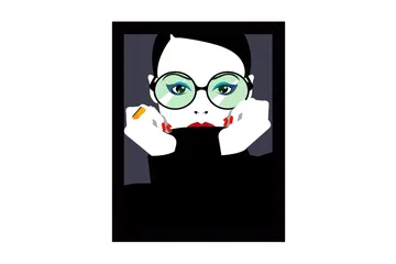 Inramad Canvastavla i trä - 41x56 cm - Porträtt av en kvinna med stora glasögon och röd läppstift - Svart / Vit / Grön - Inredning - Tavlor & posters - Canvastavla