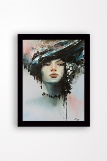 Inramad Canvastavla i trä - 41x56 cm - Porträtt av en kvinna med en dramatisk frisyr - Svart / Hudton / Ljusblå - Inredning - Tavlor & posters - Canvastavla