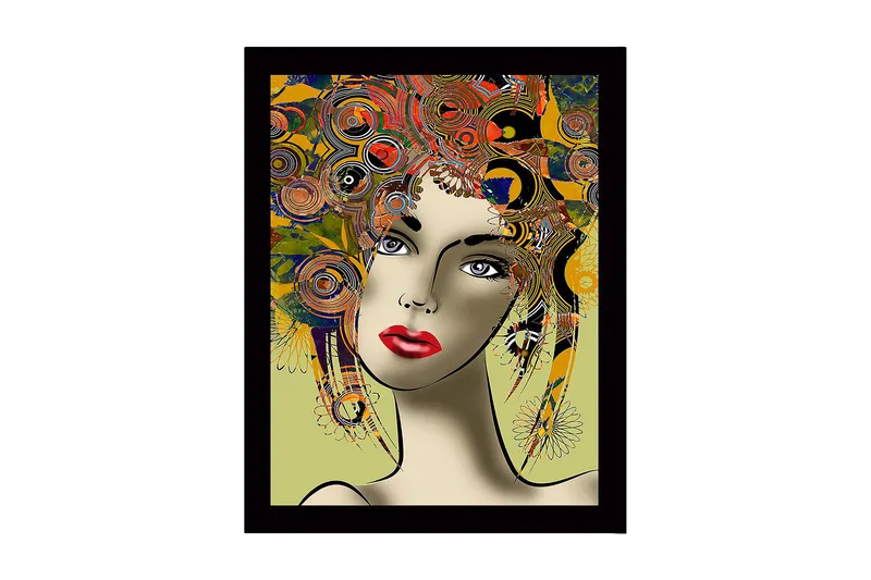 Inramad Canvastavla i trä - 41x56 cm - Porträtt av en kvinna med färgglad frisyr och starka drag, Röd / Gul / Grön