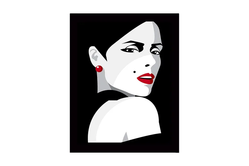 Inramad Canvastavla i trä - 41x56 cm - Porträtt av en kvinna med dramatisk blick och röd läppstift, Röd / Svart / Grå