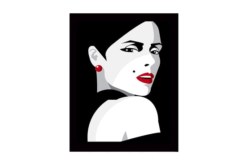 Inramad Canvastavla i trä - 41x56 cm - Porträtt av en kvinna med dramatisk blick och röd läppstift, Röd / Svart / Grå