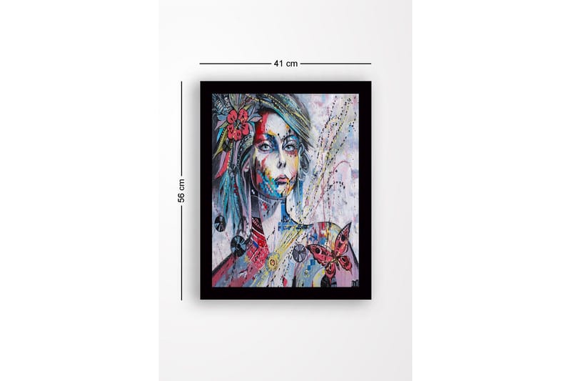 Inramad Canvastavla i trä - 41x56 cm - Porträtt av en kvinna med färgglada detaljer och en fjäril - Rosa / Blå / Gul - Inredning - Tavlor & posters - Canvastavla