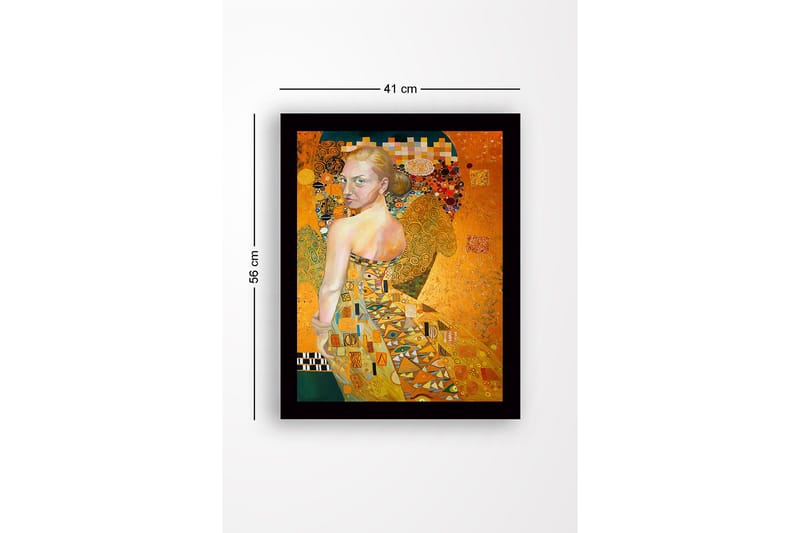 Inramad Canvastavla i trä - 41x56 cm - Porträtt av en kvinna med en gyllene klänning och detaljerade mönster - Guld / Beige / Grön - Inredning - Tavlor & posters - Canvastavla