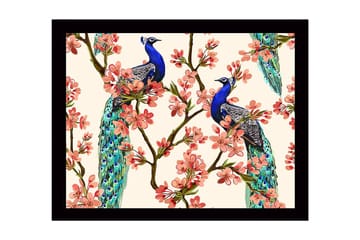Inramad Canvastavla i trä - 41x56 cm - Påfåglar som sitter bland blommiga grenar - Blå / Rosa / Grön - Inredning - Tavlor & posters - Canvastavla