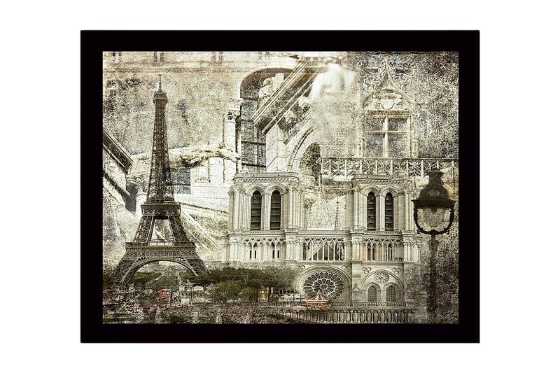 Inramad Canvastavla i trä - 41x56 cm - Parisisk stadslandskap med ikoniska byggnader, Grå / Svart / Vit