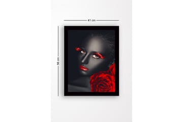 Inramad Canvastavla i trä - 41x56 cm - Porträtt av kvinna med svart hud och röda detaljer - Röd / Svart - Inredning - Tavlor & posters - Canvastavla