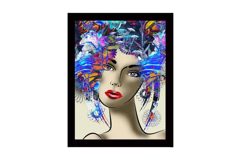 Inramad Canvastavla i trä - 41x56 cm - Porträtt av en kvinna med färgglad frisyr och starka drag, Blå / Röd / Lila