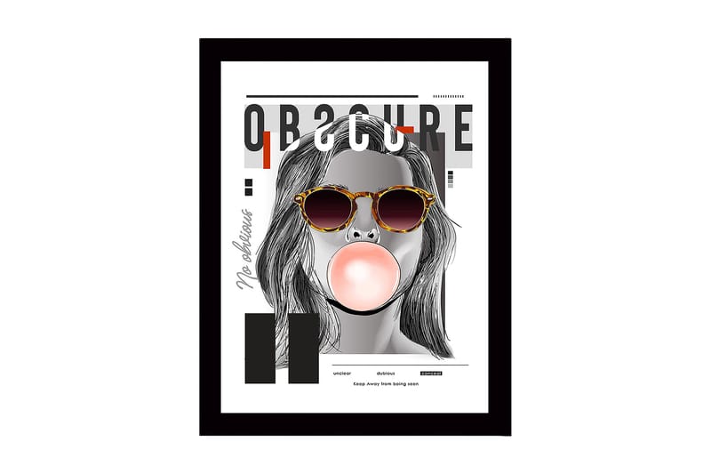 Inramad Canvastavla i trä - 41x56 cm - Porträtt av en kvinna med solglasögon som blåser bubbelgum, Grå / Svart / Beige