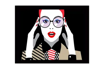 Inramad Canvastavla i trä - 41x56 cm - Porträtt av en kvinna med stora glasögon och röd läppstift - Röd / Svart / Vit - Inredning - Tavlor & posters - Canvastavla