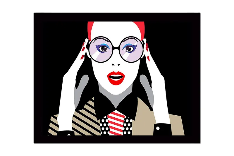 Inramad Canvastavla i trä - 41x56 cm - Porträtt av en kvinna med stora glasögon och röd läppstift, Röd / Svart / Vit