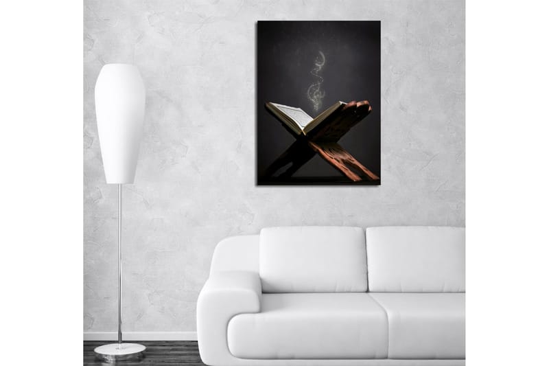 Liten Canvastavla 30x40 cm - Öppen bok med svävande ljuspartiklar - Mörkbrun / Guld / Svart - Inredning - Tavlor & posters - Canvastavla