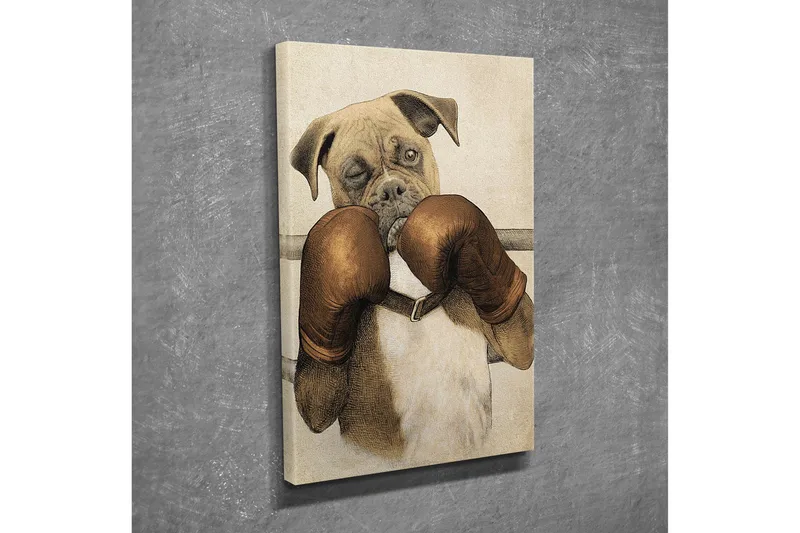 Liten Canvastavla 30x40 cm - Boxande hund med handskar - Brun / Beige / Vit - Inredning - Tavlor & posters - Canvastavla