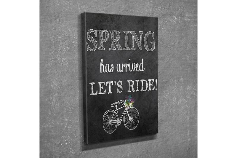 Liten Canvastavla 30x40 cm - Cykel med blomsterkorg och text som firar våren, Vit / Svart / Grön
