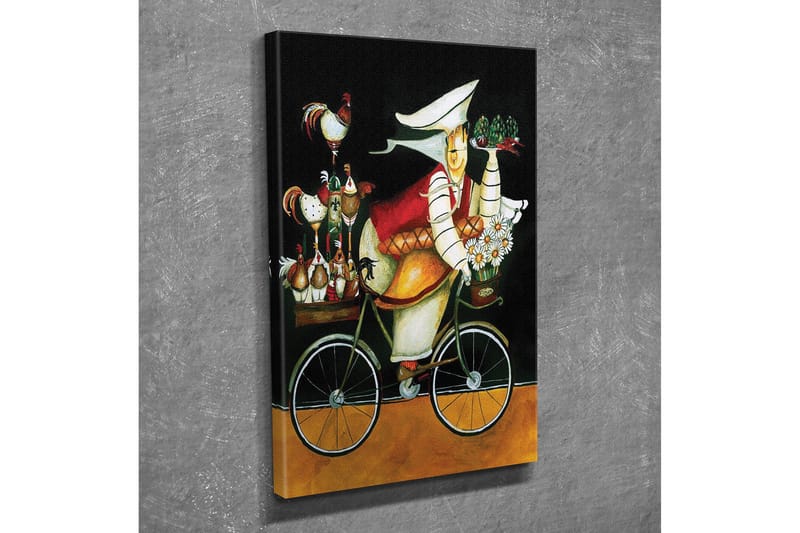 Liten Canvastavla 30x40 cm - Cyklande kvinna med blommor och höns på en cykel - Svart / Röd / Gul - Inredning - Tavlor & posters - Canvastavla