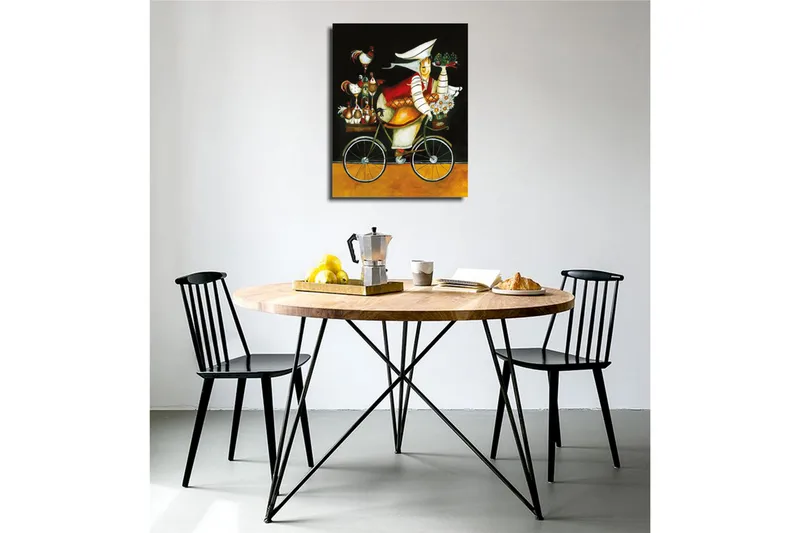 Liten Canvastavla 30x40 cm - Cyklande kvinna med blommor och höns på en cykel - Svart / Röd / Gul - Inredning - Tavlor & posters - Canvastavla