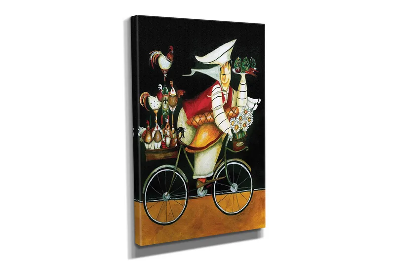 Liten Canvastavla 30x40 cm - Cyklande kvinna med blommor och höns på en cykel - Svart / Röd / Gul - Inredning - Tavlor & posters - Canvastavla