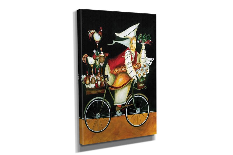 Liten Canvastavla 30x40 cm - Cyklande kvinna med blommor och höns på en cykel - Svart / Röd / Gul - Inredning - Tavlor & posters - Canvastavla