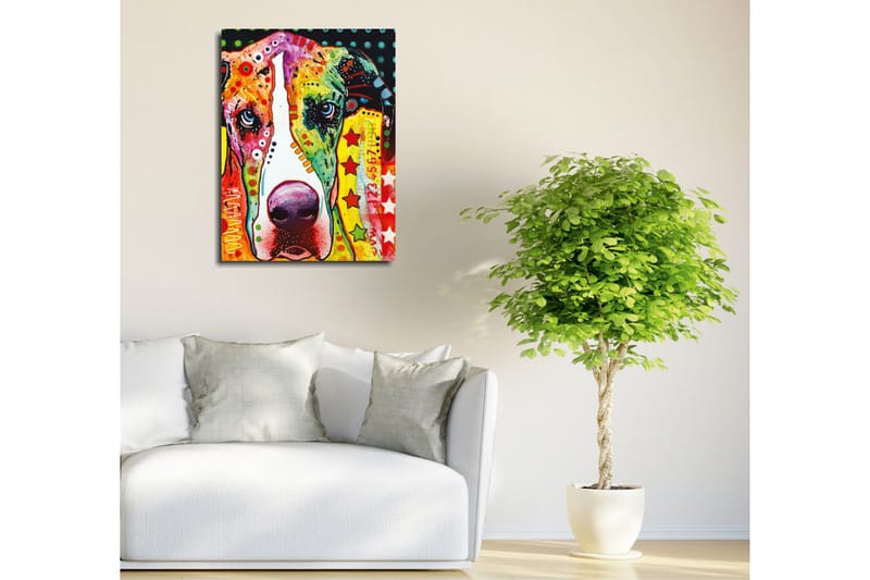 Liten Canvastavla 30x40 cm - Färgglad hund med lekfulla mönster - Grön / Orange / Rosa - Inredning - Tavlor & posters - Canvastavla