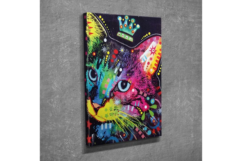 Liten Canvastavla 30x40 cm - Färgglad katt med grafiska mönster och detaljer - Grön / Rosa / Blå - Inredning - Tavlor & posters - Canvastavla